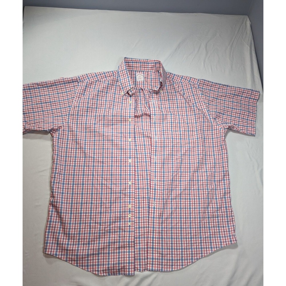 Brooks Brothers Shirt Mens Large Red White Blue Plaid 346 Button Down Tattersall